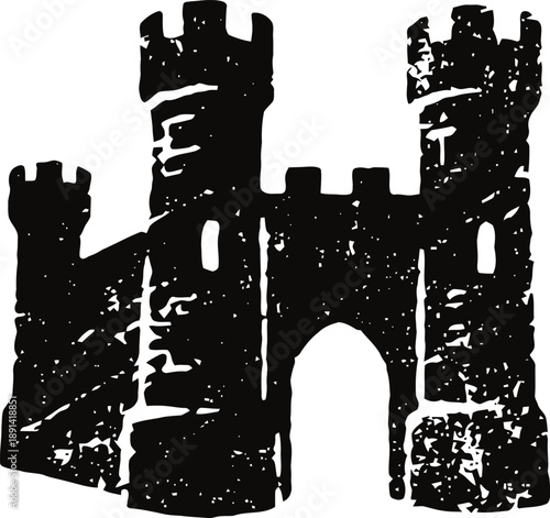 Ancient stone castle gate with tall towers and battlements medieval fortress entrance