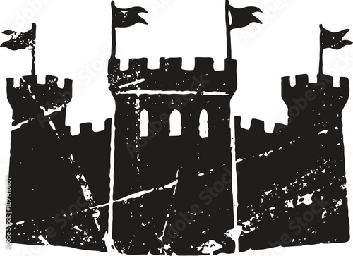 Medieval castle silhouette with flags and battlements, vintage fortress illustration