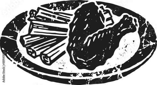 Grilled chicken drumstick with crispy fries served on a round plate in black and white illustration