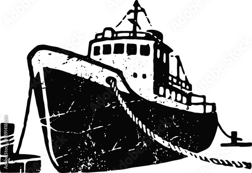 black and white silhouette of a large anchored ship with ropes tied to dock