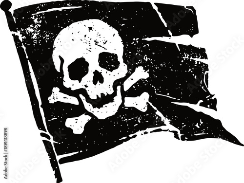 worn pirate flag with skull and crossbones symbol, torn black fabric waving on pole