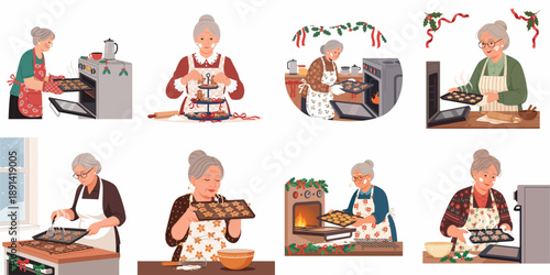 Grandmothers baking Christmas gingerbread cookies set, illustrating festive holiday preparations and homemade treats in the kitchen.