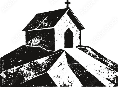 Rustic vintage church silhouette on hill with cross, textured monochrome hilltop chapel illustration