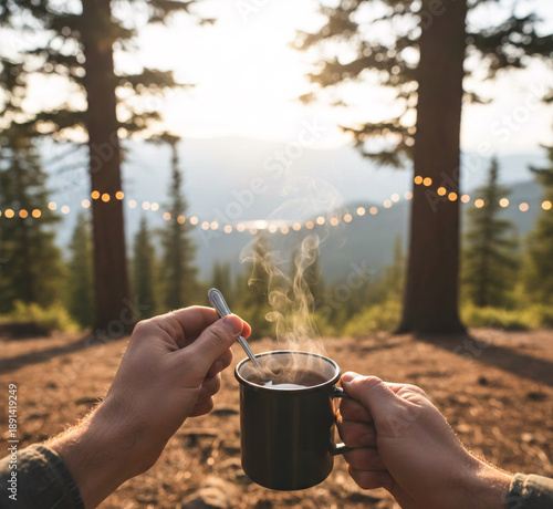 First-Person View Morning Coffee at Forest Campsite ,POV Camping Coffee Forest
