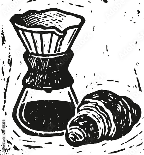 Hand drawn coffee pour over brewer and croissant breakfast illustration in black and white