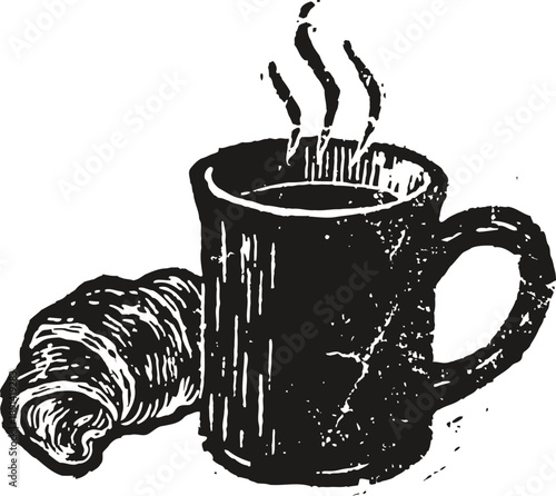 hot coffee cup with steam and fresh croissant bakery breakfast morning snack