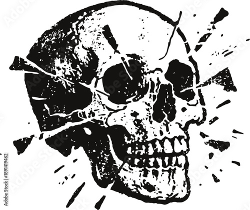 Grunge black skull illustration with splatter and cracked texture effect