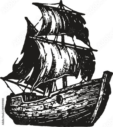 Old wooden sailing ship with billowing sails, vintage nautical vessel illustration