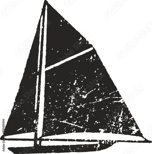 Vintage distressed sailboat silhouette with triangular sail and mast in black and white design