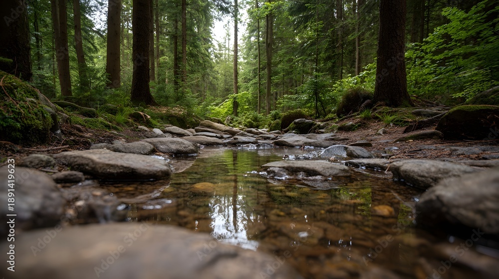 Obraz premium A tranquil forest path with wet rocks and reflections in a shallow stream surrounded by tall trees