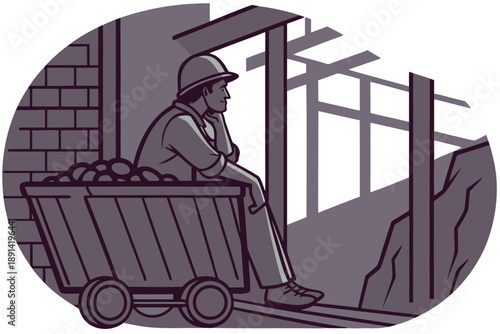 A thoughtful miner resting on a heavily loaded cart in a dimly lit mine.