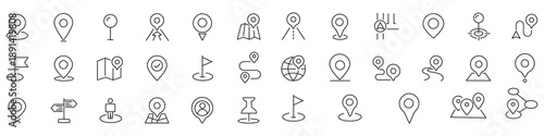 Navigation and location pin icons set, GPS map pointer, global direction symbols, tracking route design, editable stroke line art