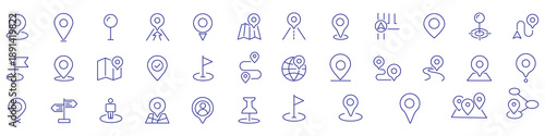 Navigation and location pin icons set, GPS map pointer, global direction symbols, tracking route design, editable stroke line art