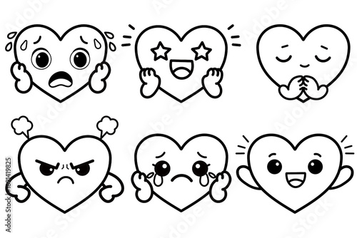 Cute heart emotions line art set