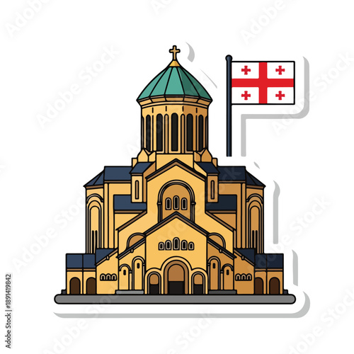 Illustration of Church with Georgian Flag.