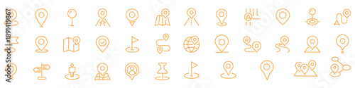 Navigation and location pin icons set, GPS map pointer, global direction symbols, tracking route design, editable stroke line art