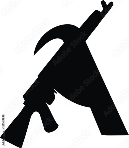 Symbolic vector illustration with rifle sickle and capital letter A in bold black silhouette composition