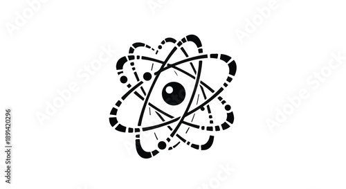 Abstract atomic orbit symbol with a central eye, representing science and observation.
