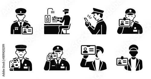 Security and border control icon set, including personnel, identity verification, and checkpoint symbols, vector graphics for travel, airports, and safety applications.