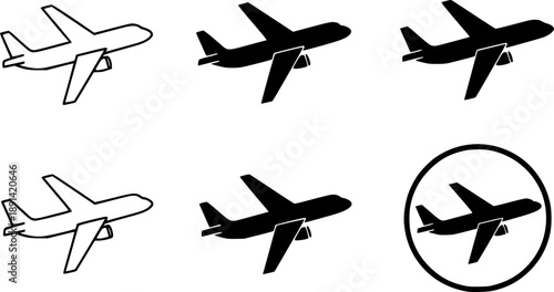 a collection of airplane icons in various styles including white outlines solid black shapes and within circles on transparent background silhouette high quality professional detailed modern.
