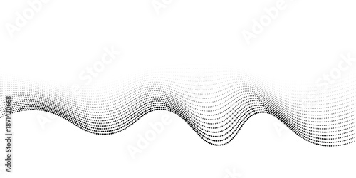 Flowing dots particles wave pattern 3D curve halftone black gradient curve shape isolated on white background. Vector in concept of technology, science, music, modern vector wave