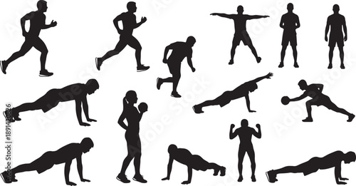Set of 13 black silhouette fitness icons vector isolated PNG with Transparent Background