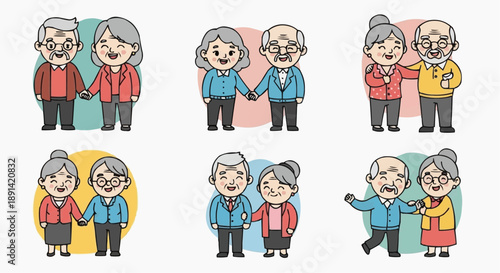 Forever Love: A heartwarming illustration portraying elderly couples in their golden years, holding hands and expressing enduring love. A testament to a lifetime of togetherness.