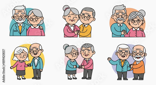 Cherished Moments: A heartwarming illustration of senior couple in tender embraces, painted with strokes of vibrant colors, each scene radiates affection and enduring love.