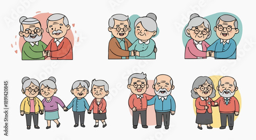 Eternal Bonds of Love: A series of charming illustrations depicts elderly couples embracing, walking hand-in-hand, and radiating warmth.