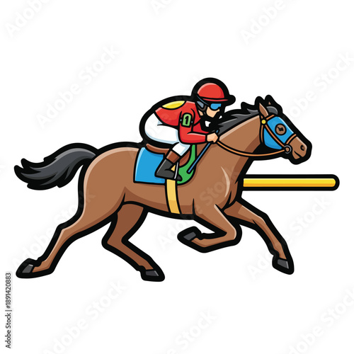 Jockey Riding Brown Horse in Cartoon Style.