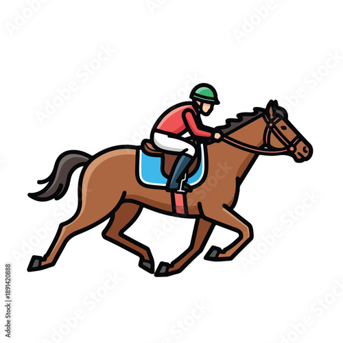 Jockey Riding Brown Horse in Motion.