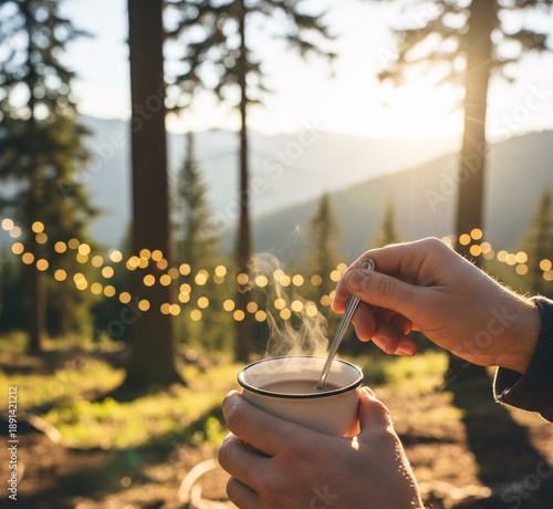 First-Person View Morning Coffee at Forest Campsite ,POV Camping Coffee Forest