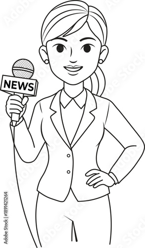 Female News Reporter Line Art – Cartoon Journalist in Professional Pose