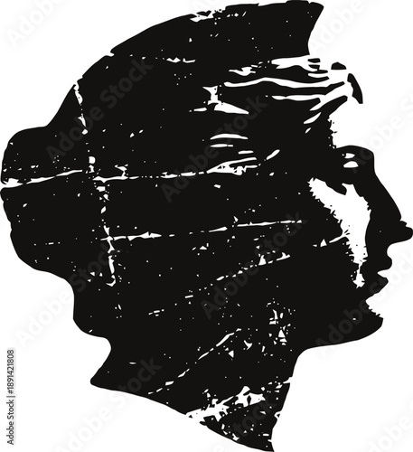 grunge distressed female silhouette profile with textured vintage effect