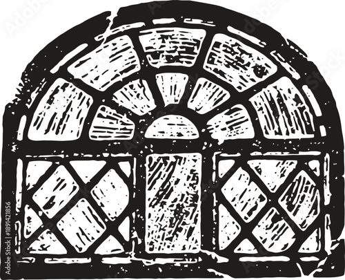 Vintage arched window design with decorative leaded glass panes and geometric pattern