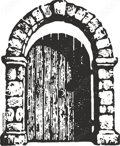 Old wooden door with stone arch vintage doorway entrance with textured wood and rustic architecture detail