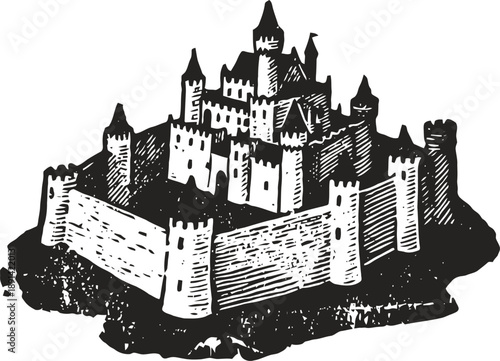 Medieval castle illustration with fortified walls and towers in black ink drawing