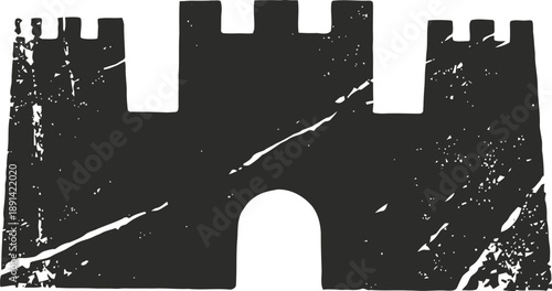 grunge medieval castle silhouette with arched gateway and battlements, vintage fortress design