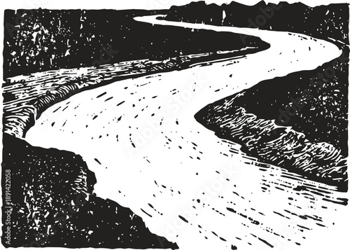 curved river flowing through rocky terrain with textured landscape, nature watercourse illustration