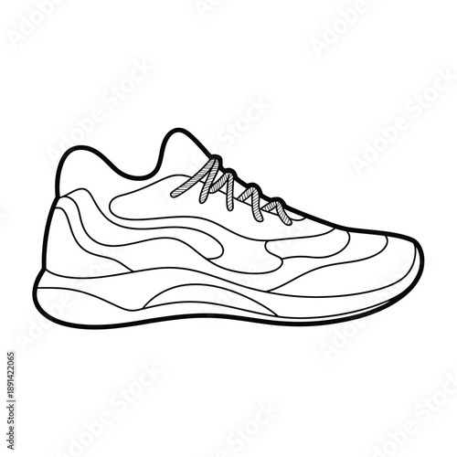 Simple black and white line drawing of a modern athletic sneaker