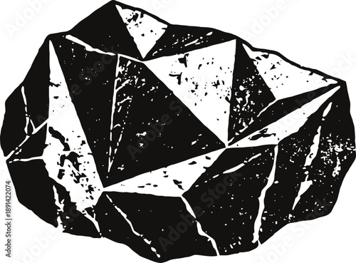 Black and white abstract rock illustration with sharp angular facets and rough textured surface
