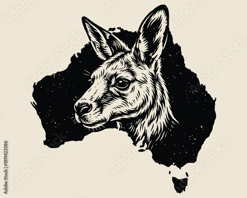Iconic Kangaroo Head Engraving on Australia Map Silhouette