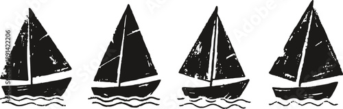 vintage sailboat silhouettes in black with textured distressed style, nautical sea theme