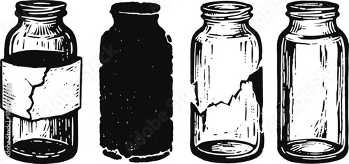 set of vintage glass jars with torn labels, transparent and silhouette styles, antique container collection