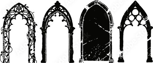 gothic architectural arches silhouettes with ornate and pointed designs isolated on white