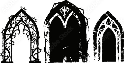 gothic archways silhouettes set black ornate pointed doorframes with intricate vine and floral patterns