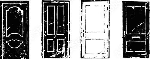 Four vintage black and white grunge doors with distinct panel designs on a white background