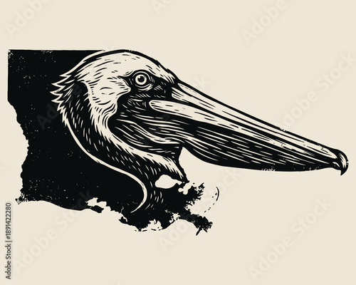 Louisiana State Pelican Bird Woodcut Illustration
