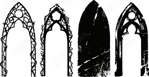 Set of four black gothic arch silhouettes with worn textures and intricate medieval design details