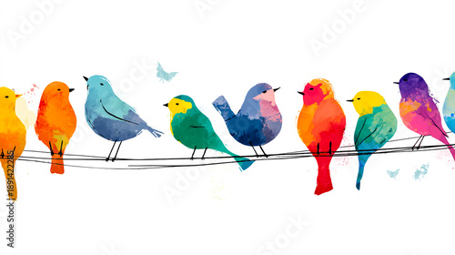 Colorful birds perched on branches in the style of a minimalist illustrator